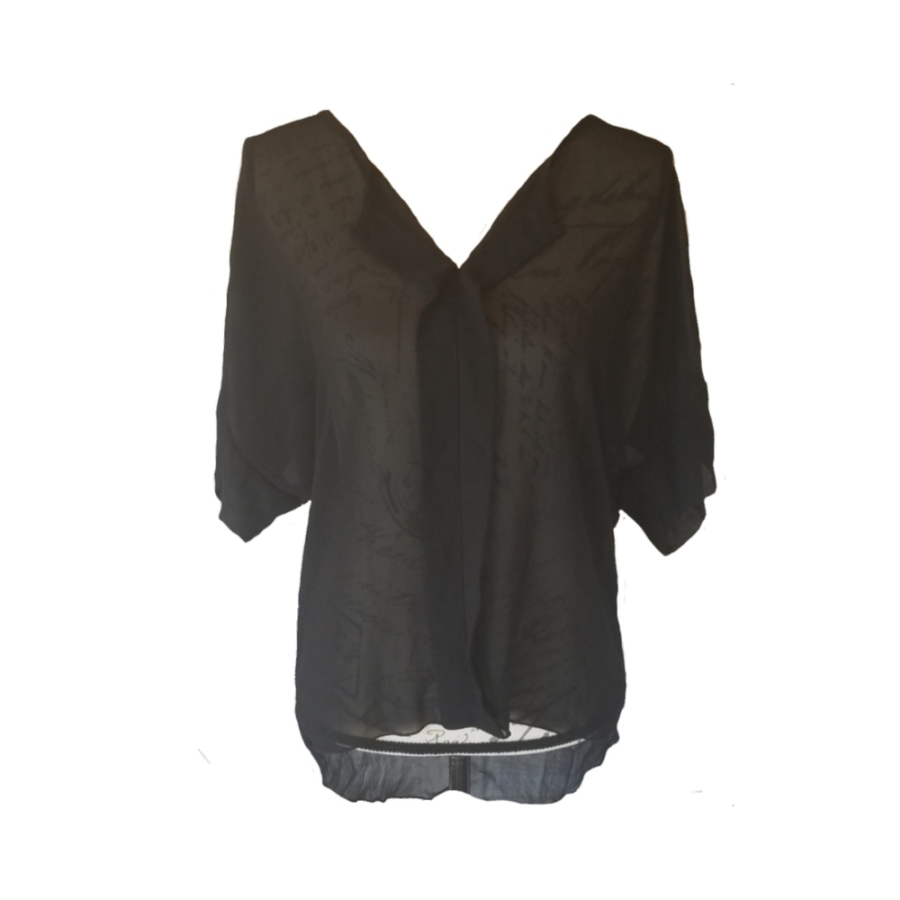 Poema  Sheer Short Sleeve Blouse in Black, Size Large